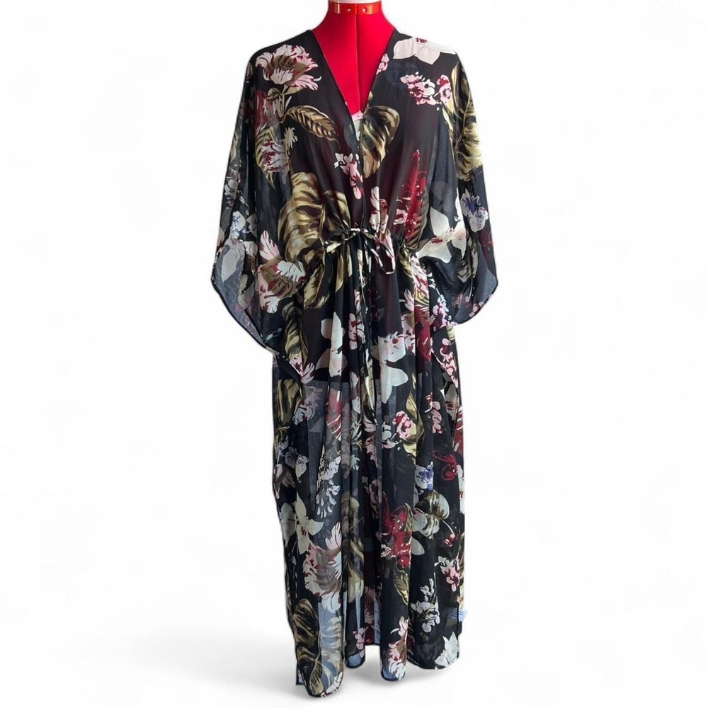 Walter Baker Black Floral Kimono Swim Coverup Duster Cinch Waist